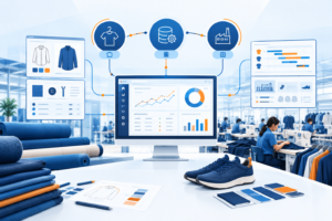 Apparel industry software trends 2026 showing ERP dashboards, garment production, fabric management, and manufacturing workflows