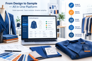 Apparel sampling management software workflow showing design, material selection, sample creation, approval, and final production