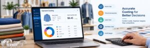 Garment costing software for apparel manufacturers showing fabric, trims, labor, overhead costs, and profit margin calculations