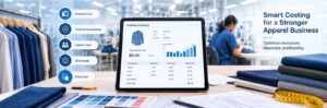 Apparel manufacturing costing software dashboard for tracking material costs, labor expenses, overheads, and total garment production costs