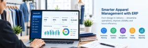 Apparel ERP software dashboard for managing garment production, inventory, suppliers, order tracking, and real-time reporting