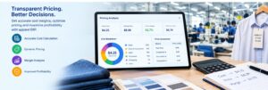 Apparel ERP pricing analysis dashboard showing production costs, selling prices, profit margins, and cost comparison for garment manufacturers