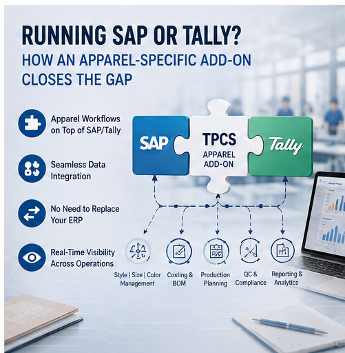 Apparel-specific ERP add-on integrating SAP or Tally with manufacturing workflows