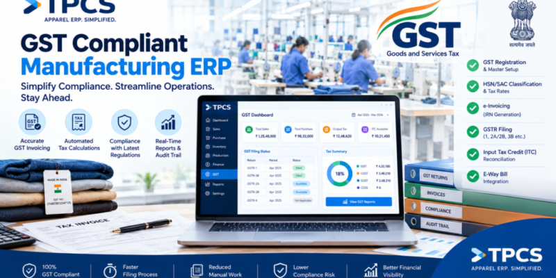 TPCS GST-compliant manufacturing ERP software for automated GST invoicing, tax calculations, compliance tracking, and financial reporting