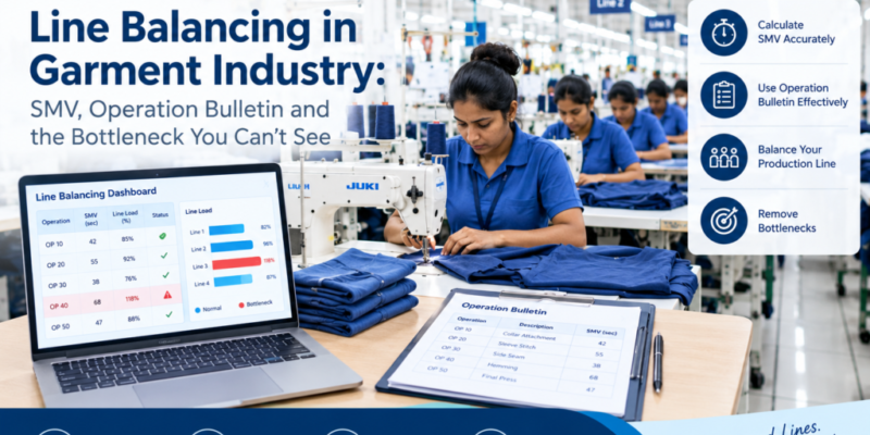 Line balancing in garment industry using TPCS software to monitor SMV, operation bulletin, production line efficiency and bottlenecks