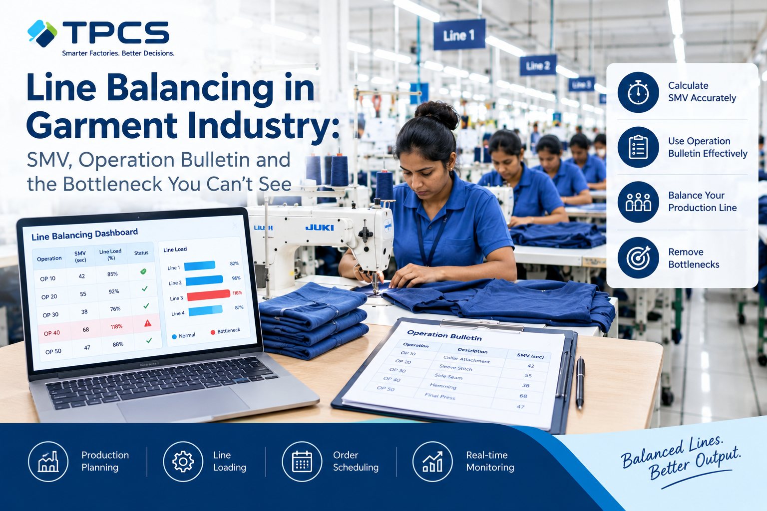 Line balancing in garment industry using TPCS software to monitor SMV, operation bulletin, production line efficiency and bottlenecks