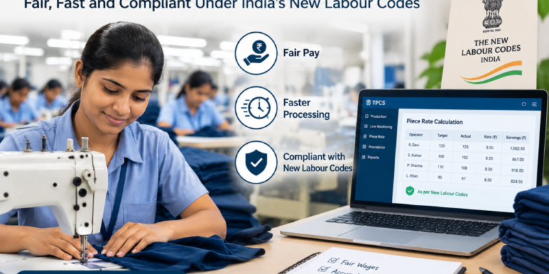 Piece rate system in garment factories using TPCS software to track worker productivity, calculate wages and manage labour compliance