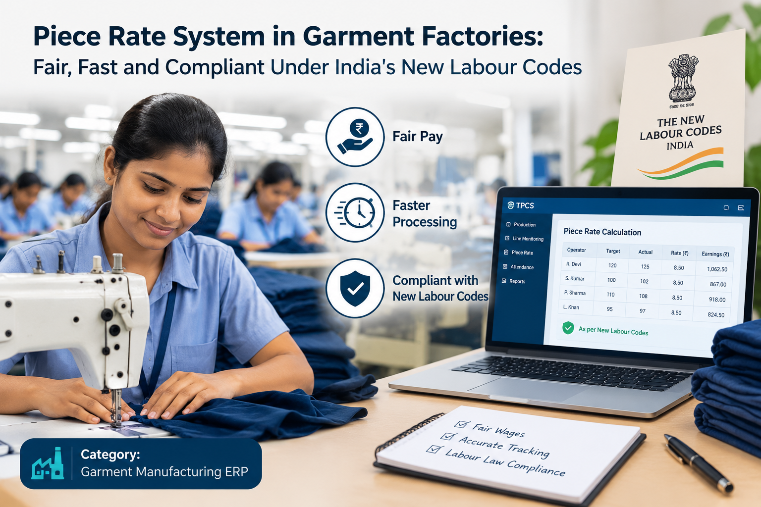 Piece rate system in garment factories using TPCS software to track worker productivity, calculate wages and manage labour compliance