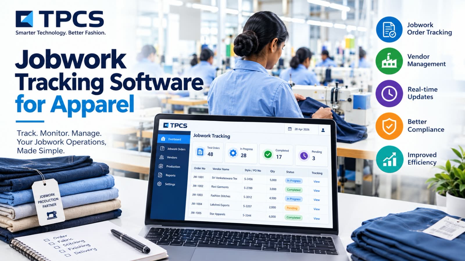 Jobwork tracking software for garment manufacturing to manage outsourced production, supplier orders, jobwork status, and delivery tracking